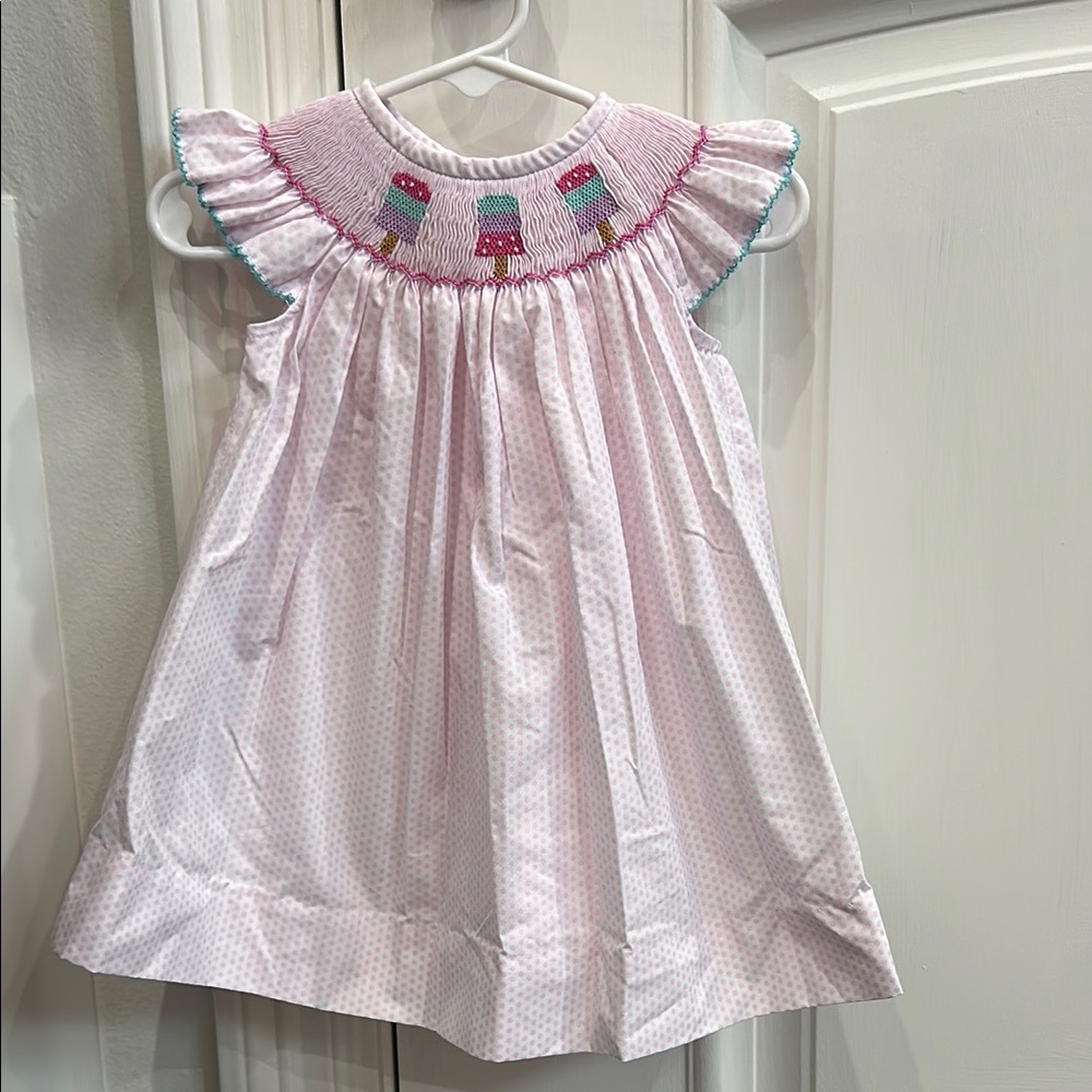 Smocked Pink & White Polka Dot Dress with Embroidered Popsicles